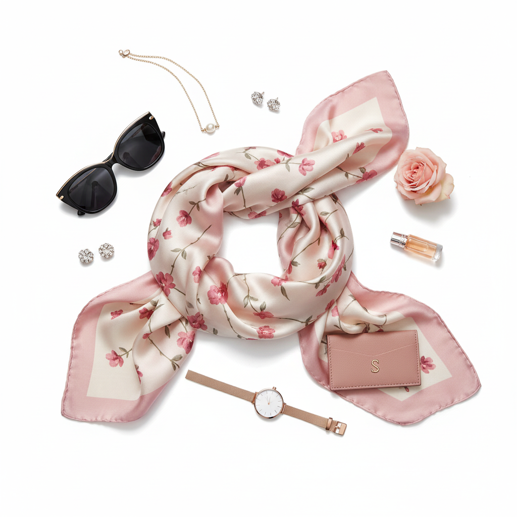 Flat lay of pink floral satin scarf with fashion accessories on white background