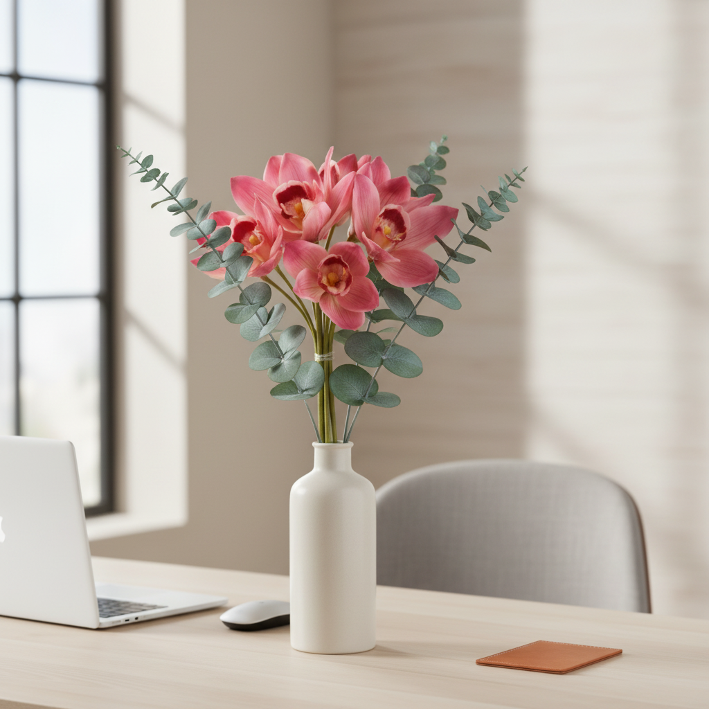 Artificial pink and burgundy Cymbidium orchid bouquet with eucalyptus in a minimalist ceramic vase on a modern home office desk