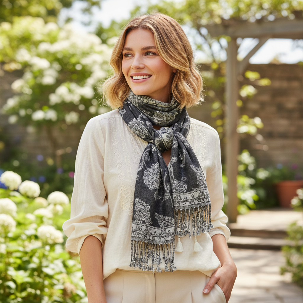 Woman wearing black white silver paisley jacquard scarf tied as boho neck scarf over cream blouse outdoors