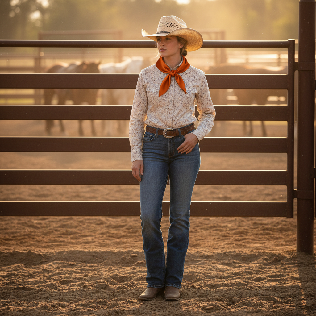 Cowgirl wearing burnt orange wild rag scarf at summer rodeo with western shirt and straw cowboy hat