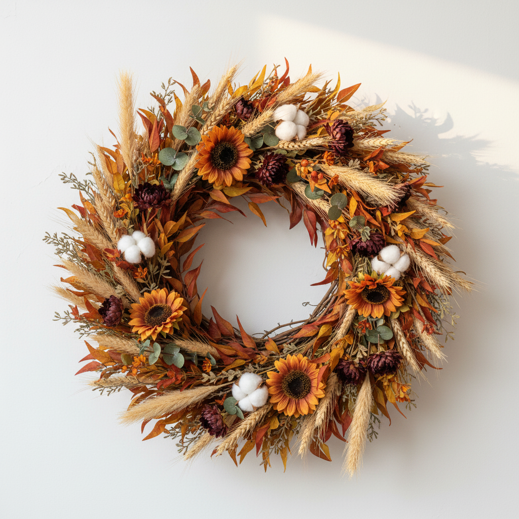 Wheat beige faux pampas grass stems scattered throughout boho fall wreath with dried sunflowers, dahlias, wheat, cotton stems and eucalyptus on white wall