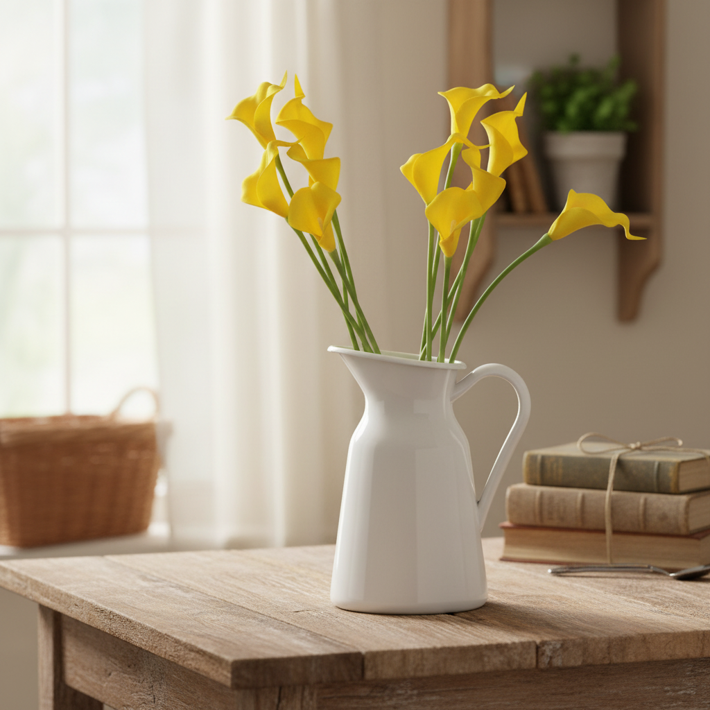 Sunny yellow artificial calla lily stems in vintage white ceramic pitcher on rustic wood table, farmhouse spring decor