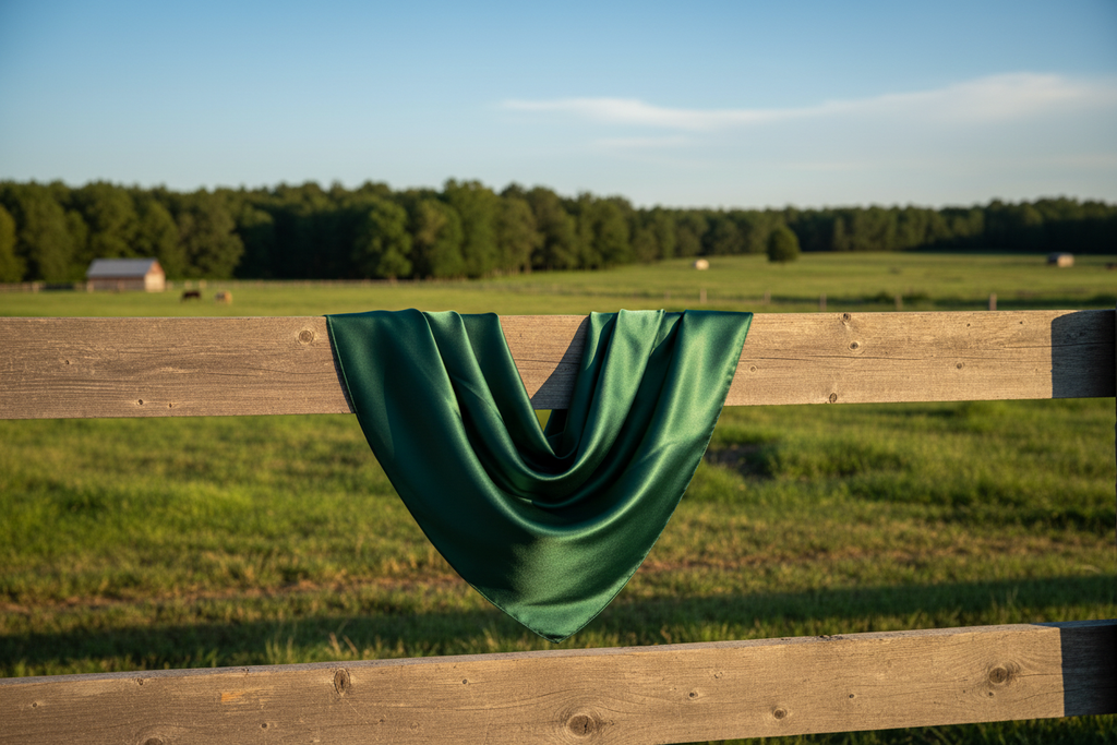 Forest green wild rag draped on wooden fence with green grass and trees