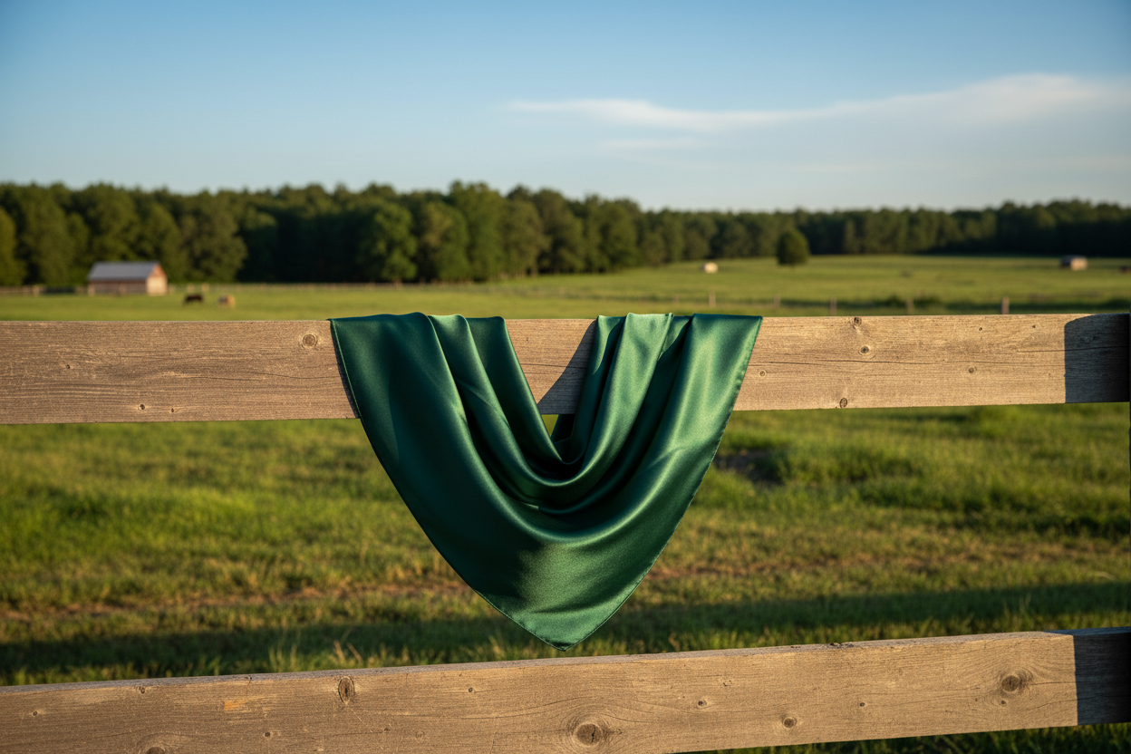 Forest green wild rag draped on wooden fence with green grass and trees