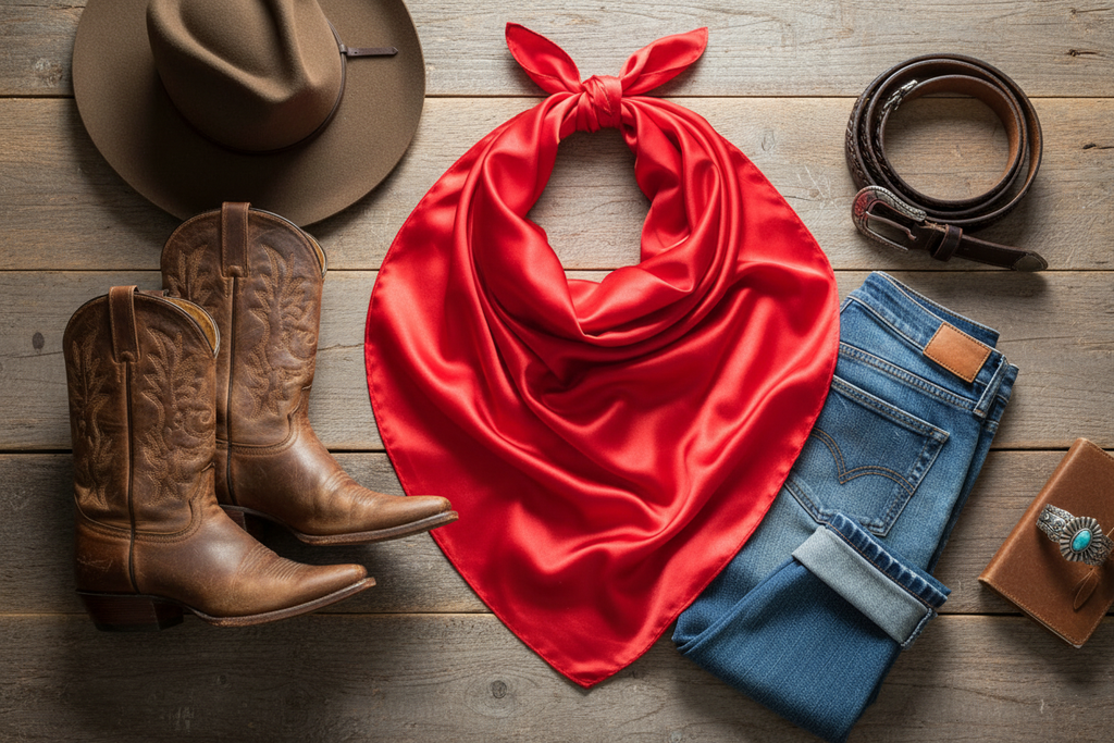 Bright red wild rag flat lay with brown leather boots, cowboy hat, and denim jeans on rustic wood