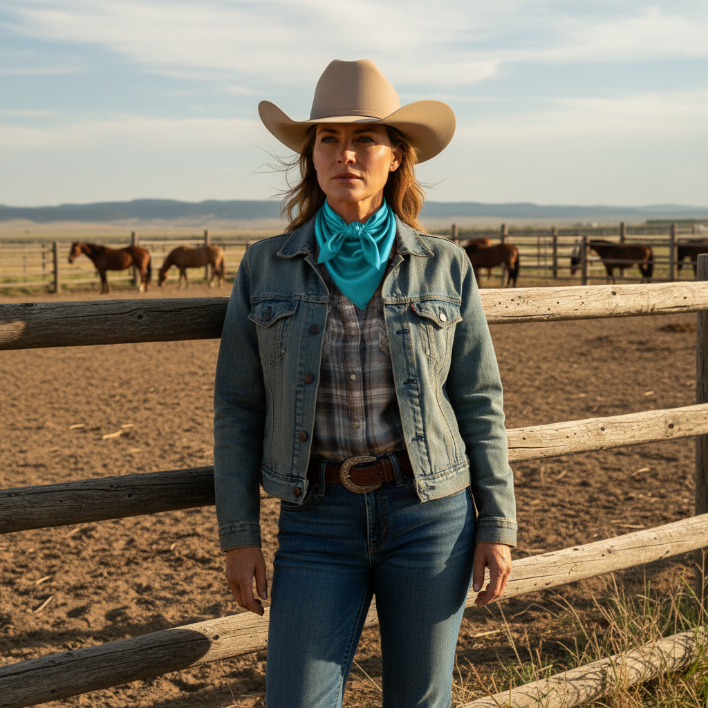 Woman wearing aqua blue wild rag scarf at ranch with western wear and boots