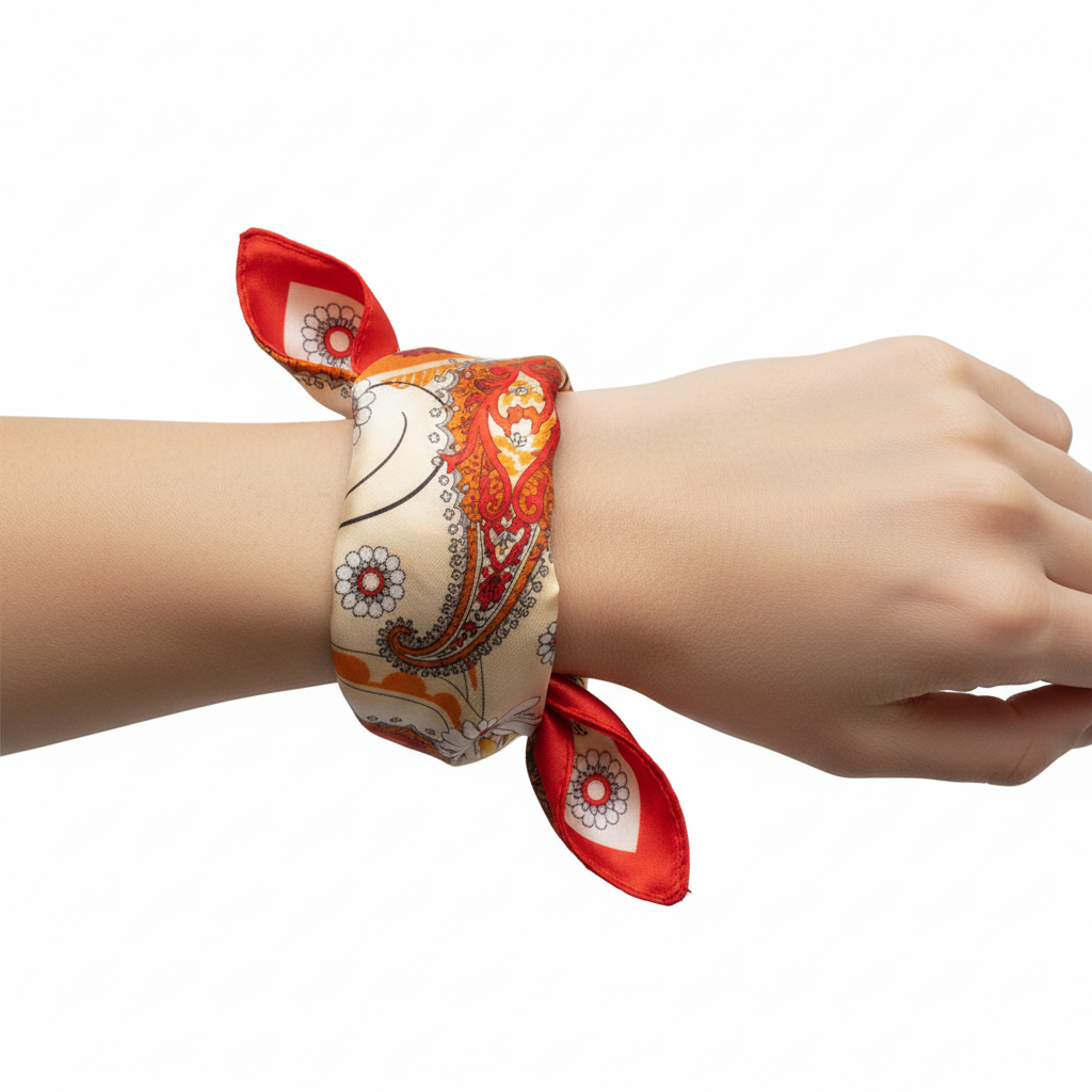 Red paisley satin square scarf double-wrapped as wrist wrap bracelet accessory