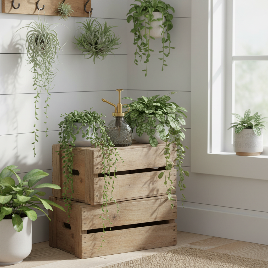 Smoke gray glass plant mister on vintage wooden crate with hanging air plants, tillandsia, and string of pearls in cottagecore sunroom