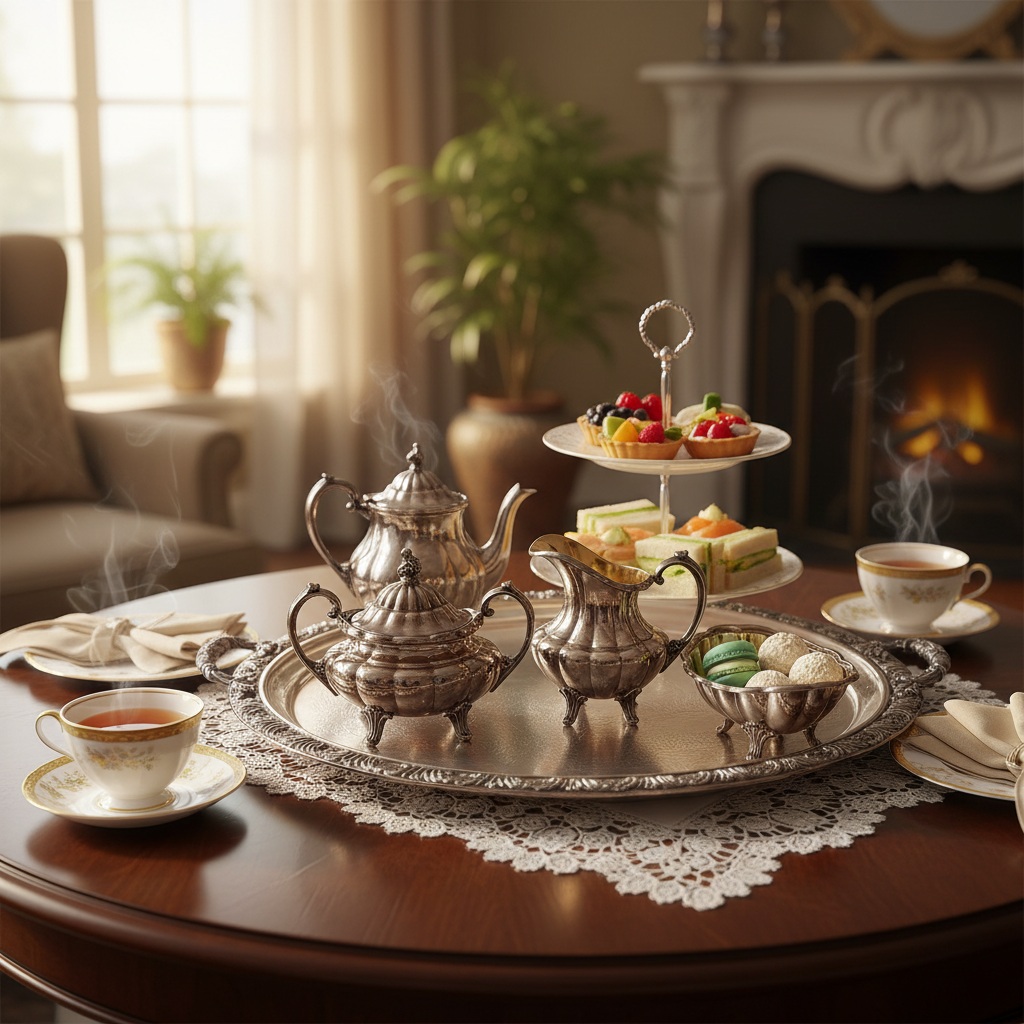 Afternoon tea service with vintage silver plated set, sugar bowl and creamer beside delicate teacups, mint bowl with treats