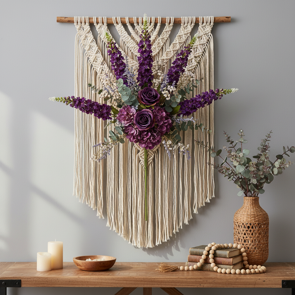Rich purple snapdragon larkspur stems in a boho macramé wall hanging with roses, hydrangeas, and eucalyptus on a console table