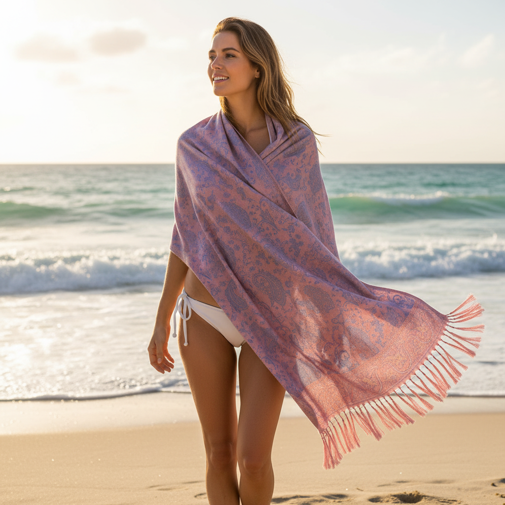 Woman wearing dusty blue blush pink paisley jacquard fringe shawl as beach cover-up sarong at ocean