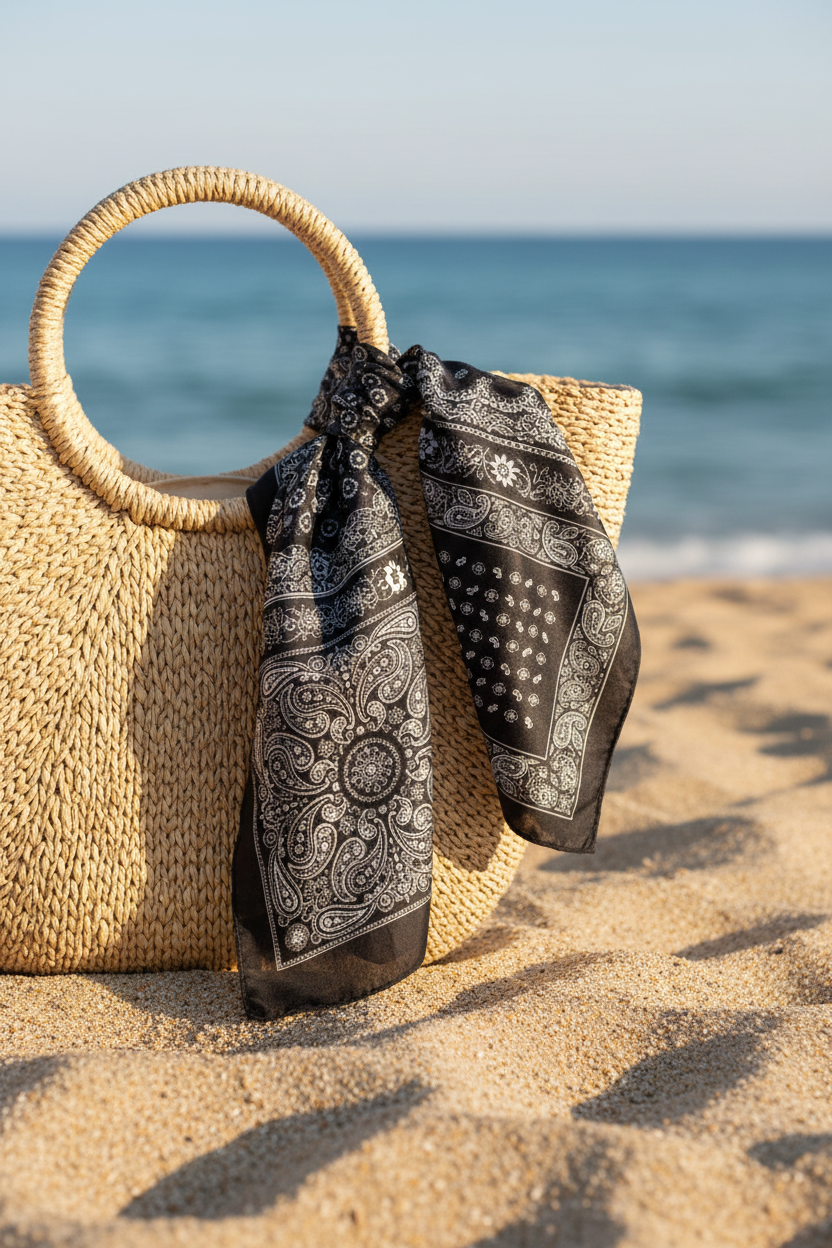 Black and white paisley square scarf loosely draped over the handle of a natural straw beach bag on sandy beach with ocean in background