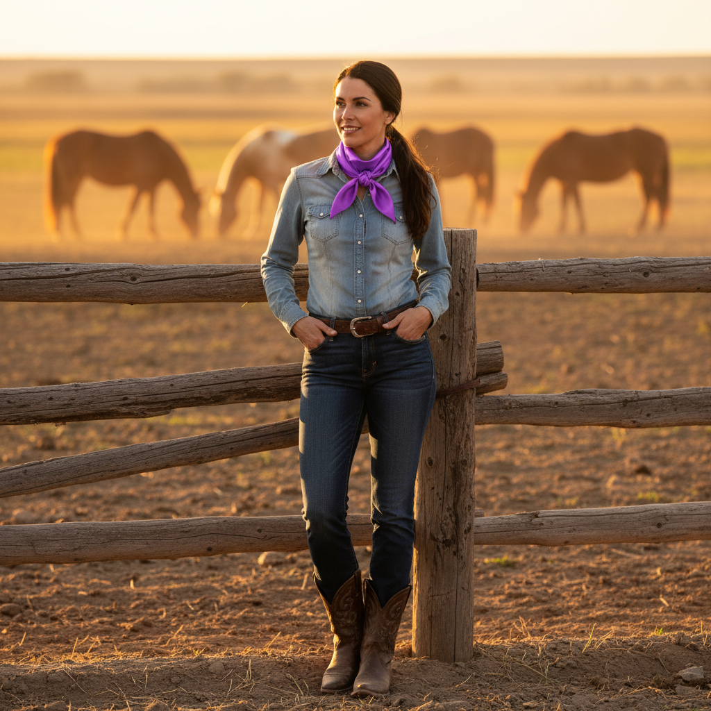 Woman wearing purple satin wild rag scarf in classic western style at ranch with horses, golden hour lighting