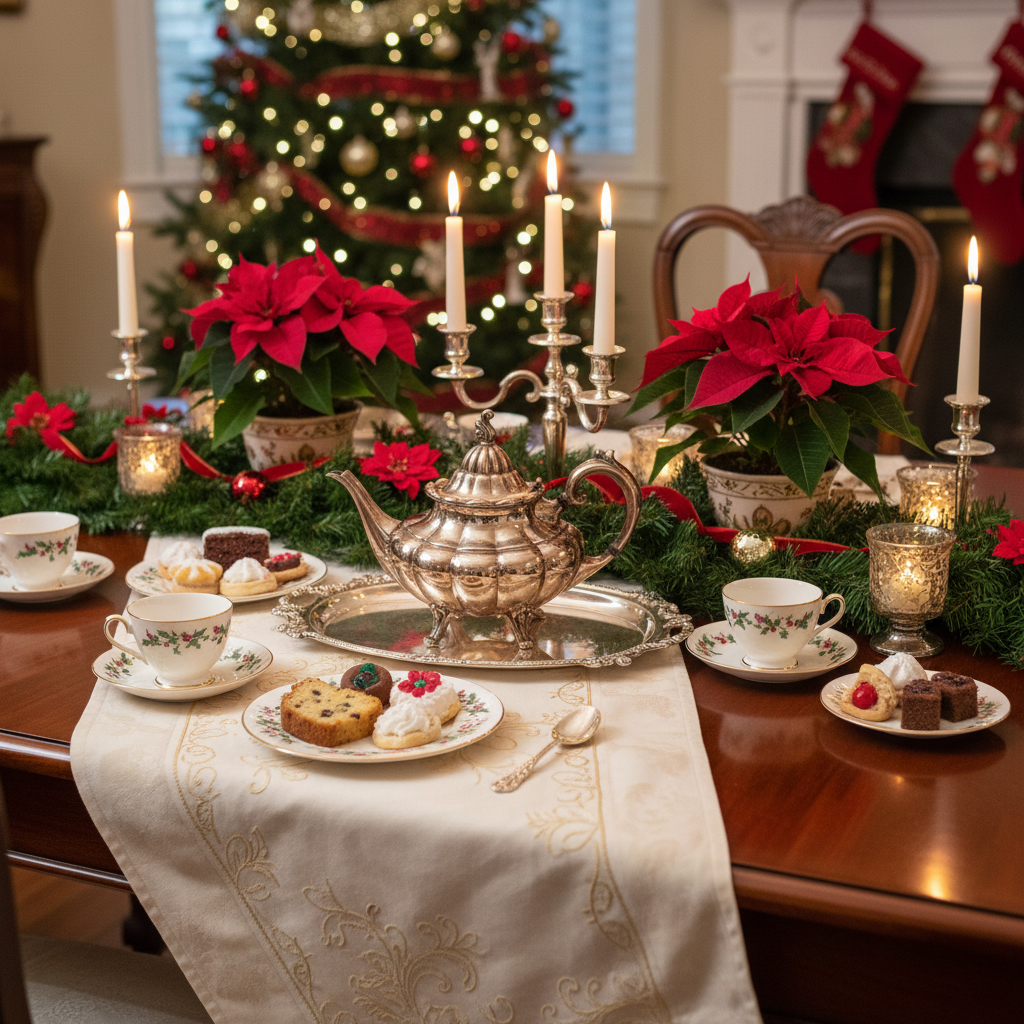 Holiday tea party table setting with vintage Reed & Barton silver teapot, poinsettias, evergreen garland, festive Christmas decor
