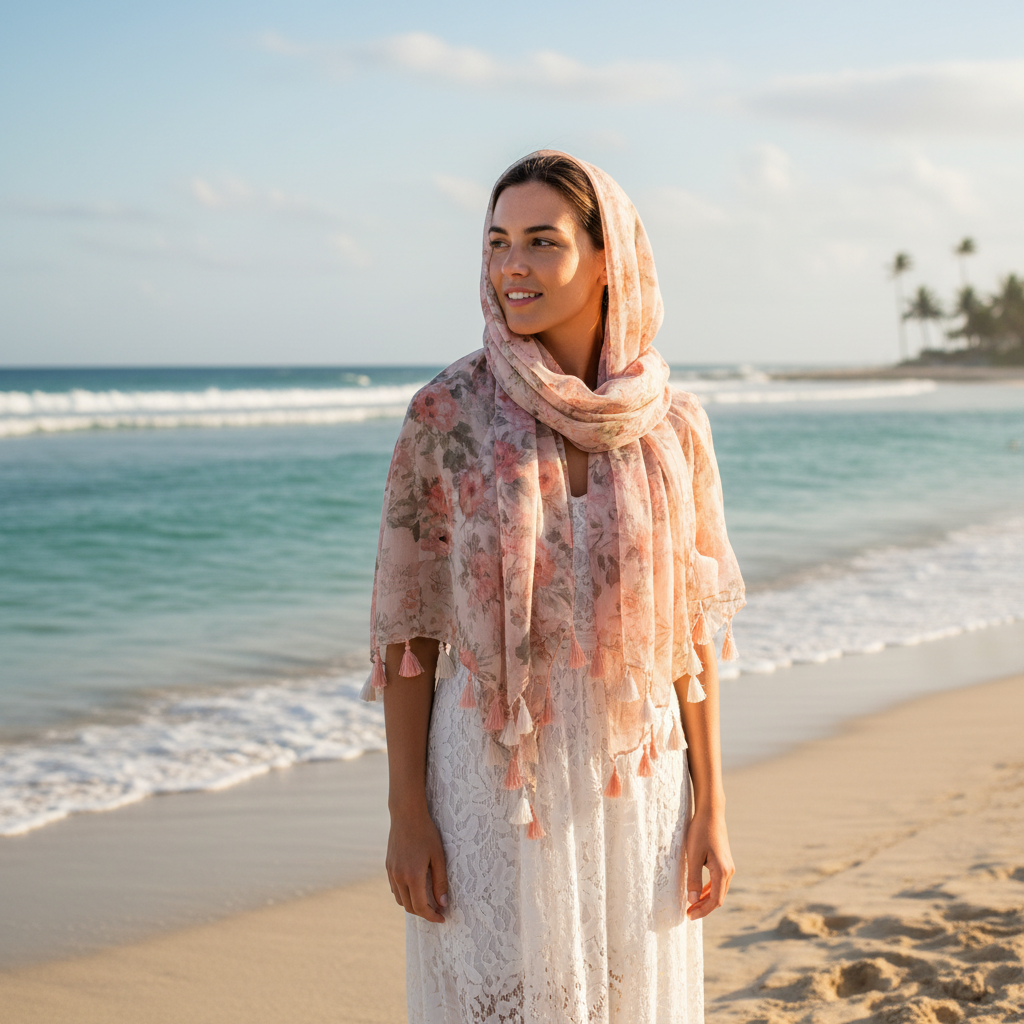 Woman wearing blush pink floral tassel scarf as head covering at sunny beach, summer travel