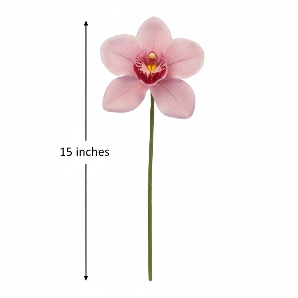 Artificial Cymbidium orchid stem standing upright showing 15 inch height measurement diagram