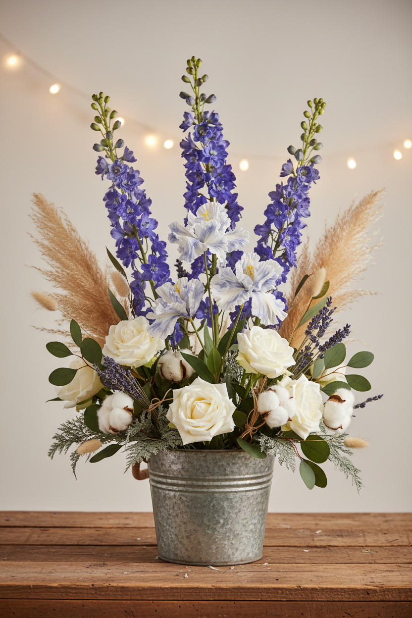 Luxury faux iris stems with periwinkle blue and white blooms in a western boho florist arrangement with blue delphinium, white garden roses, pampas grass, and eucalyptus in a galvanized metal bucket on barn wood