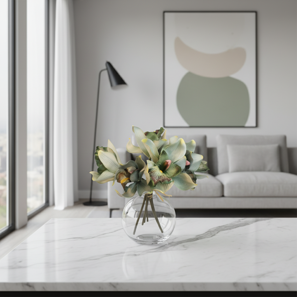 Artificial jade green orchid arrangement in clear glass vase on white marble surface, contemporary minimalist home interior with window light
