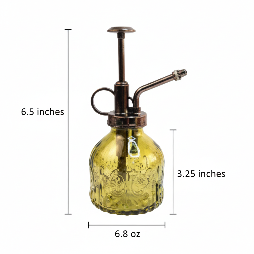 Product measurement diagram of olive green glass plant mister standing upright showing 6.5 inch height, 3.25 inch width, and 6.8 oz capacity with black measurement lines