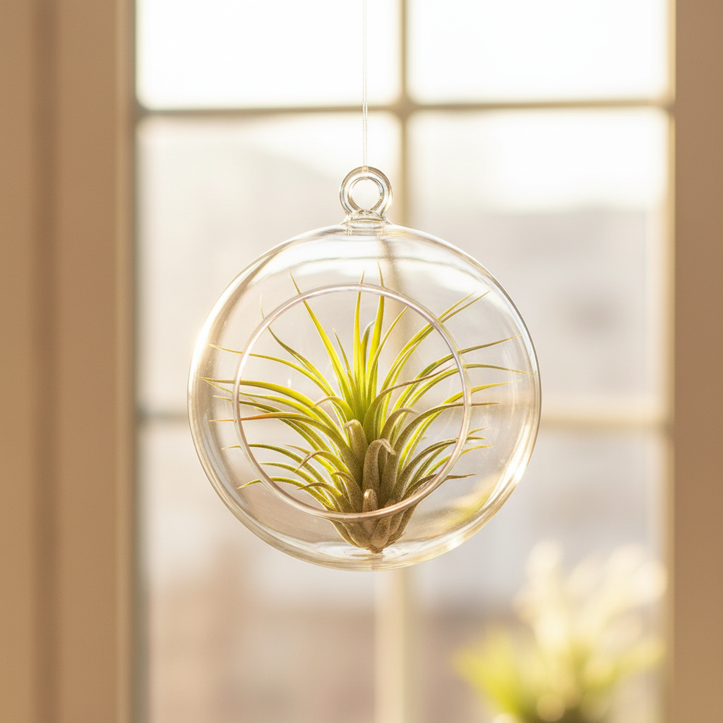 Artificial tillandsia air plant with spiky green leaves displayed inside a hanging clear glass globe terrarium in a sunny window