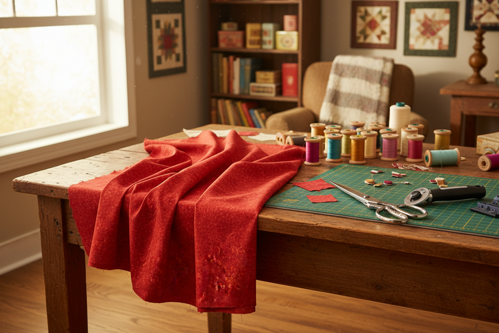 Red tone-on-tone Hoffman fabric draped on wooden table with quilting supplies in rustic workspace