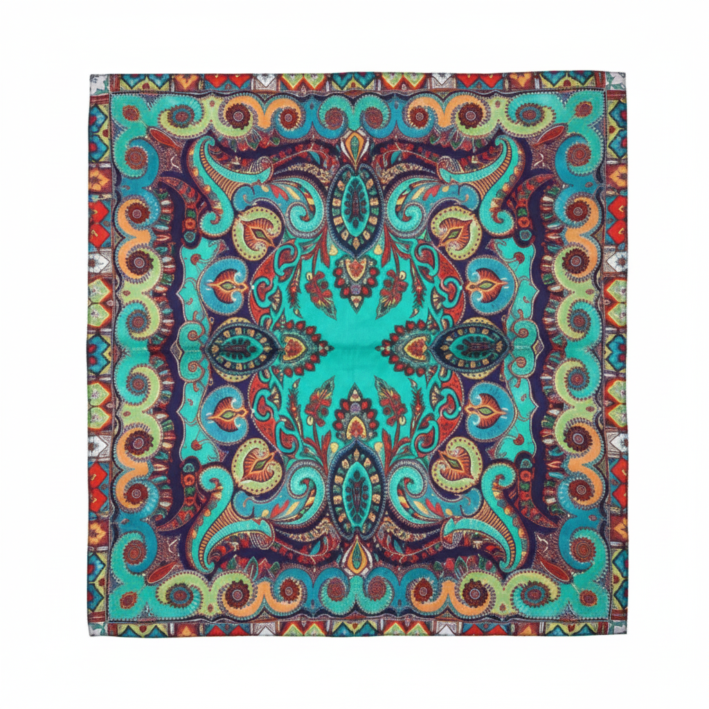 Turquoise paisley silk satin wild rag scarf 35 inch square on white background product photo