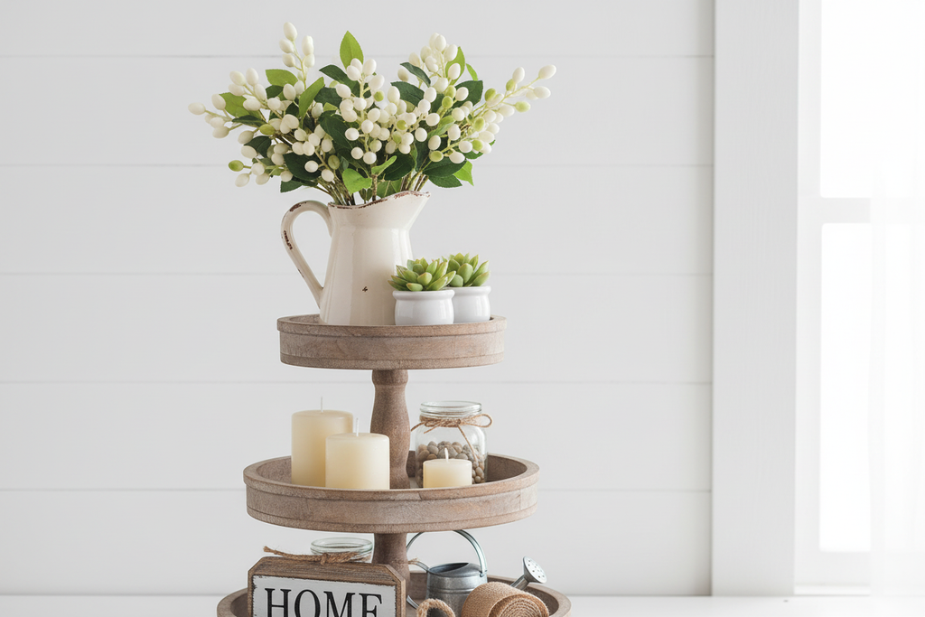 White berry stems in vintage ceramic pitcher on three-tiered wooden tray with farmhouse decor accents