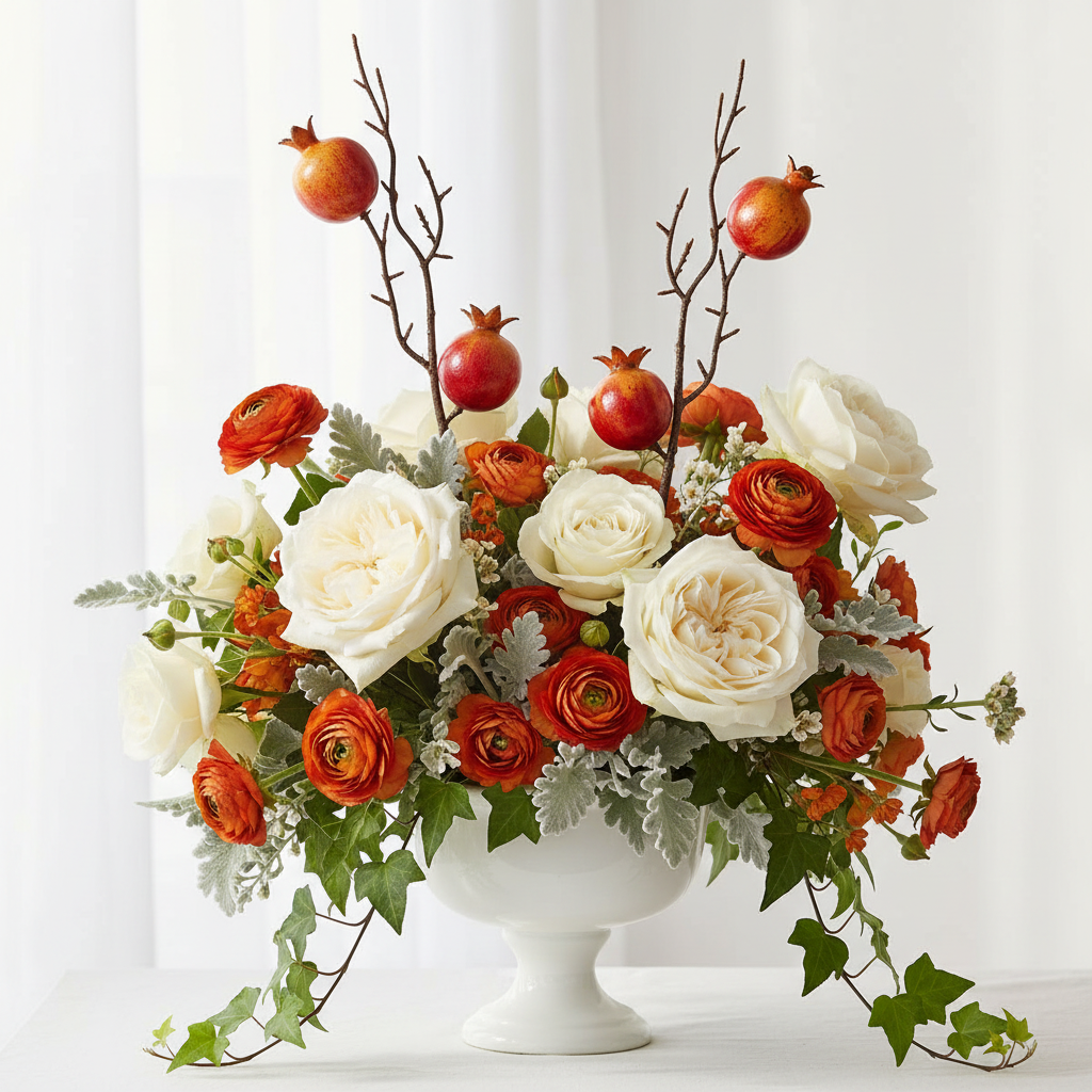 Artificial pomegranate stems nestled into a Thanksgiving centerpiece arrangement with cream garden roses, burnt orange ranunculus, dusty miller, and trailing ivy in a white ceramic compote vase