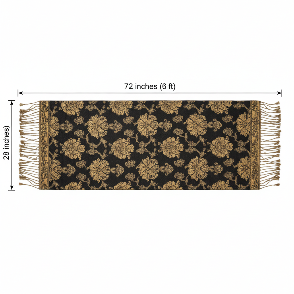 Black gold paisley jacquard fringe scarf shawl measurement diagram showing 72 inch length and 28 inch width