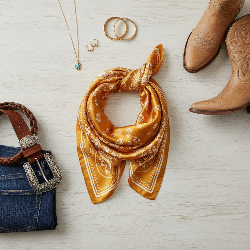 Gold paisley wild rag scarf styled flat lay with western accessories cowboy boots leather belt gold jewelry and denim