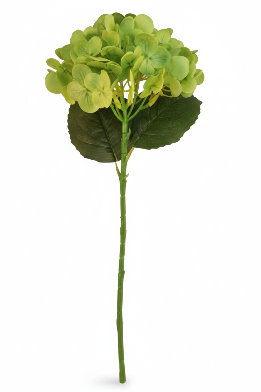 Apple green artificial hydrangea stem silk flower on white background, full stem view for spring wedding and cottagecore decor