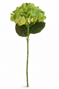 Apple green artificial hydrangea stem silk flower on white background, full stem view for spring wedding and cottagecore decor