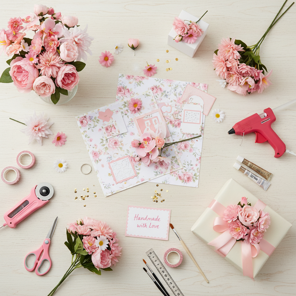 DIY craft workspace with pink artificial flowers for centerpieces and scrapbooking
