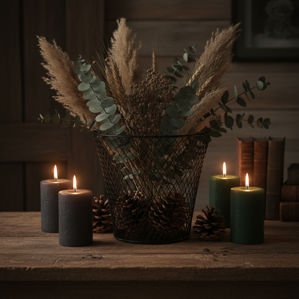 Black wire mesh basket styled as a rustic industrial centerpiece on a vintage wooden table with dried botanicals and candles