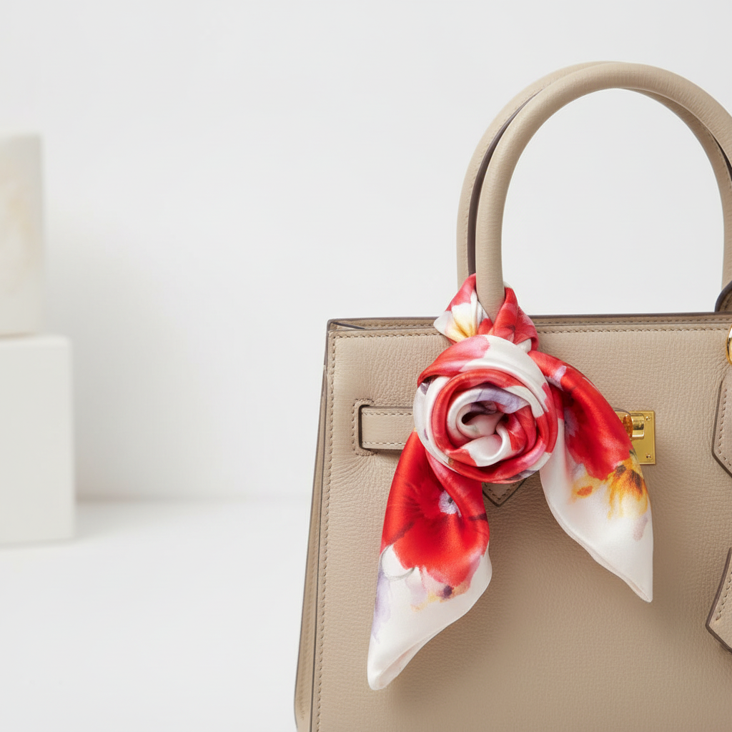 Red Floral Satin Scarf 20x20 Tied as Bag Charm Purse Accessory Watercolor Bloom