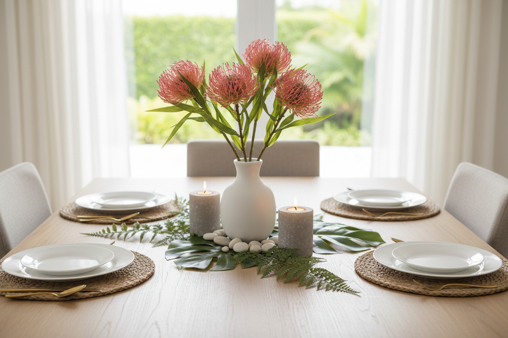 Pink coral pincushion protea stems in minimalist vase on dining table, modern tropical tablescape