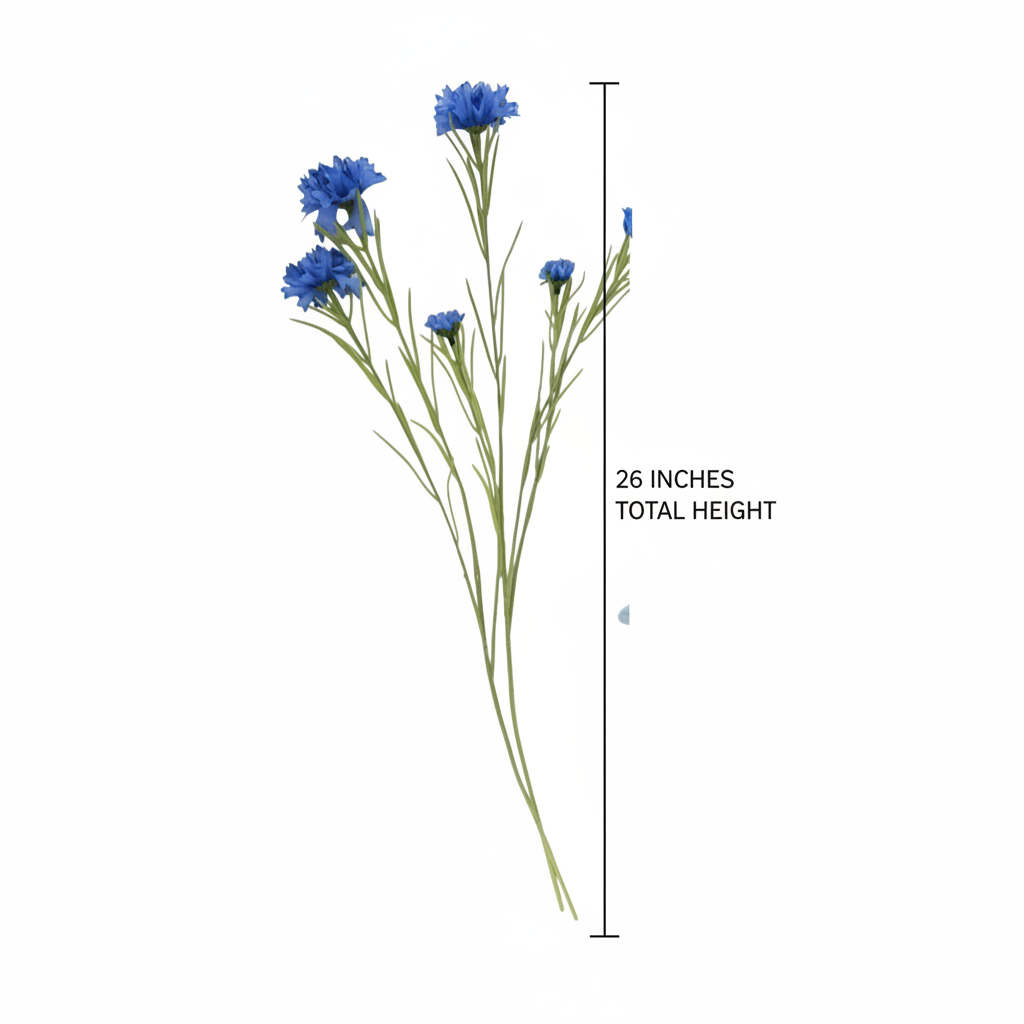 Artificial blue cornflower stem measurement diagram showing 26 inch total height on white background