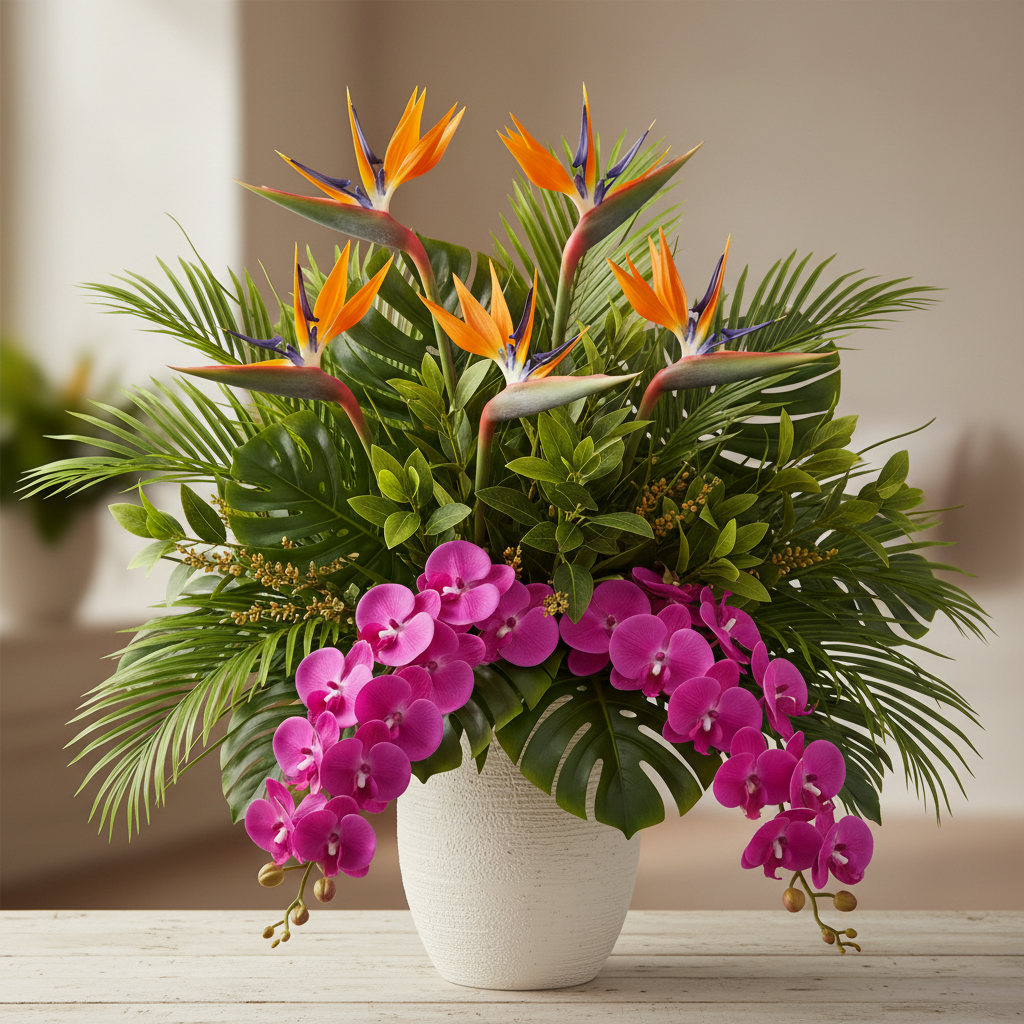 Professional florist-style tropical arrangement with vivid magenta-purple artificial orchid stems cascading to the side, with tall orange birds of paradise and tropical greenery in a white vase