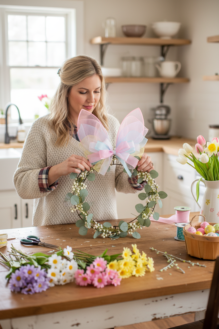 Woman wrapping faux greenery around bunny wire wreath frame base, Easter wreath crafting tutorial at farmhouse table