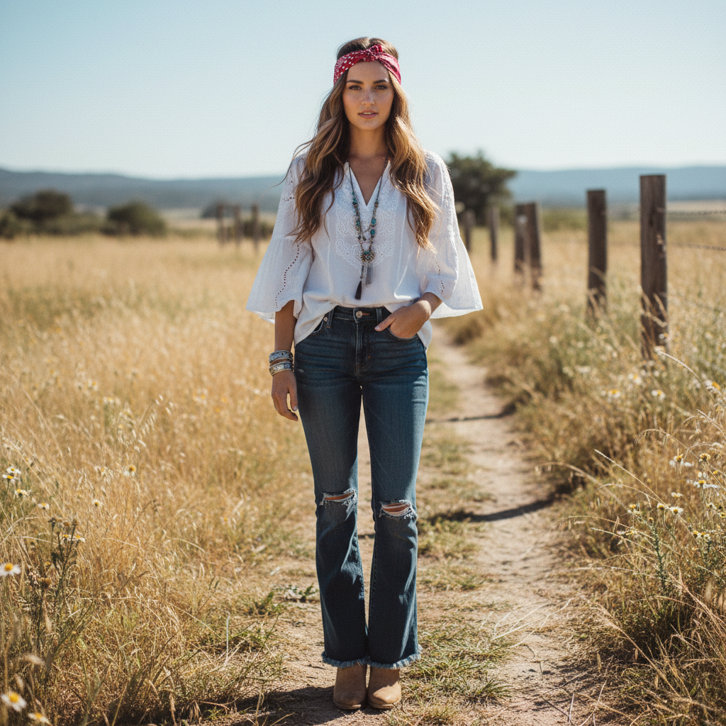 Woman wearing red patchwork satin bandana scarf tied as a headband in a casual western boho outfit outdoors