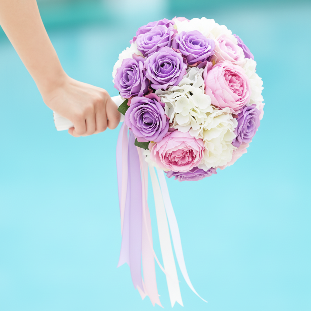 Bride holding round bridal bouquet made with foam bouquet holder, filled with lavender purple roses, white hydrangeas, and pink peonies with ribbon