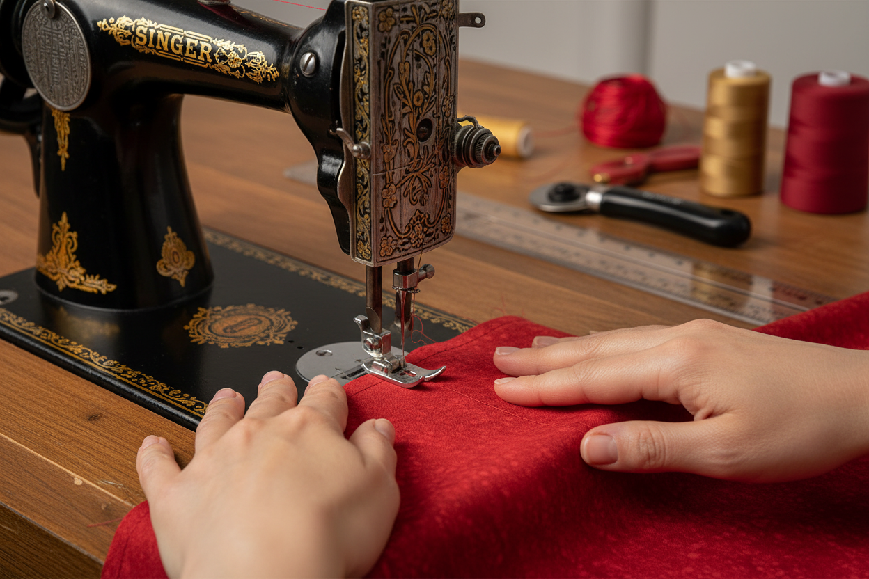 Close-up of red tone-on-tone textured fabric being sewn on vintage sewing machine showing subtle variations