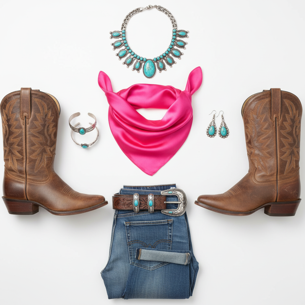 Flat lay of hot pink wild rag scarf with western accessories - cowboy boots, belt, turquoise jewelry, denim