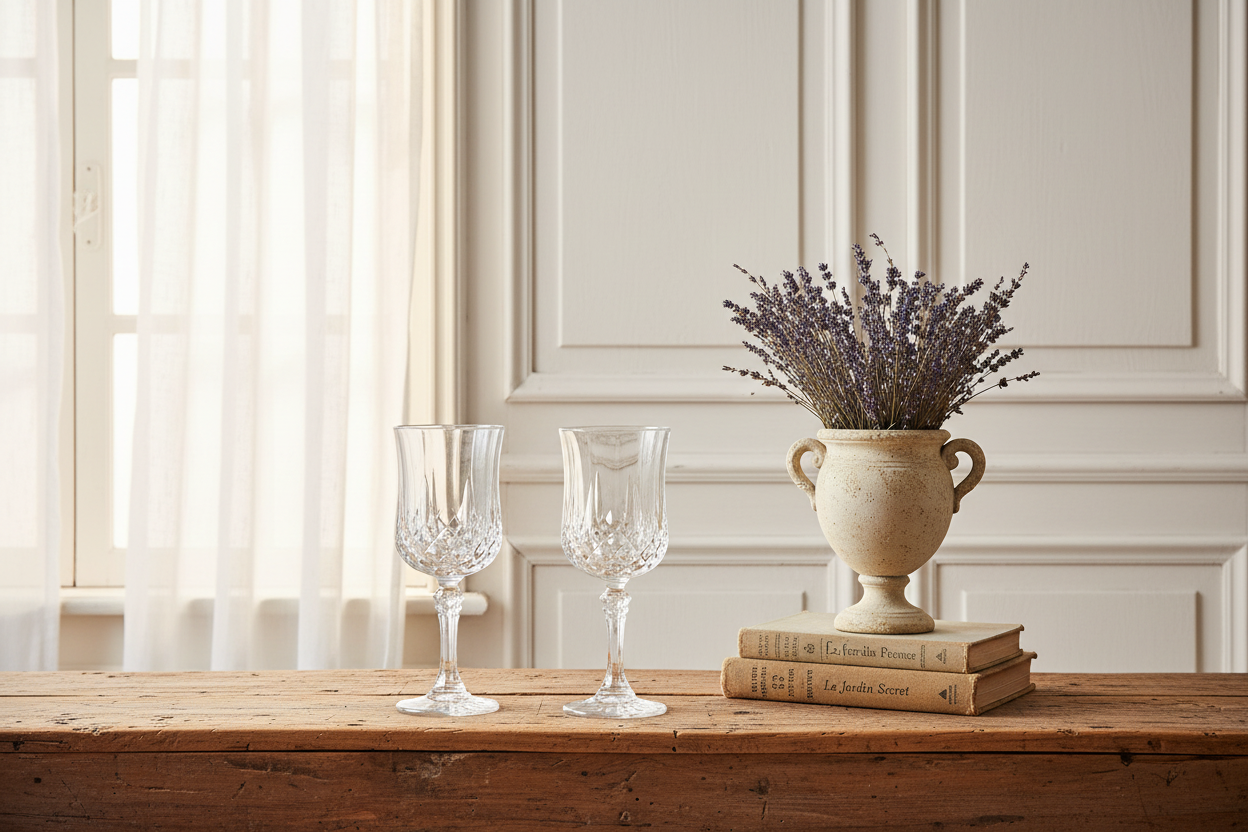 Vintage Cristal D'Arques Longchamp crystal wine goblets set of 2 in French country Provence setting with lavender, aged pottery urn and ornate white paneling