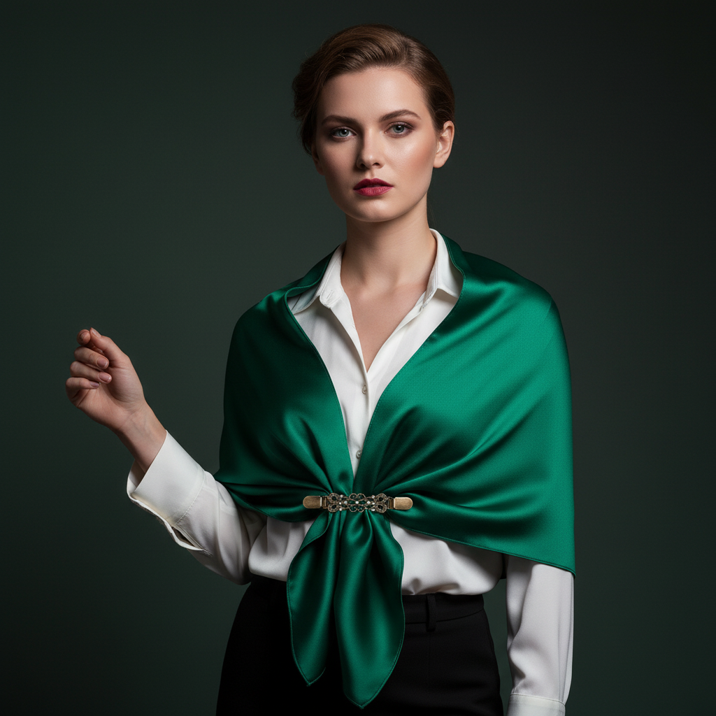 Antiqued bronze sweater clip holding green satin wild rag scarf as shawl wrap, luxury editorial
