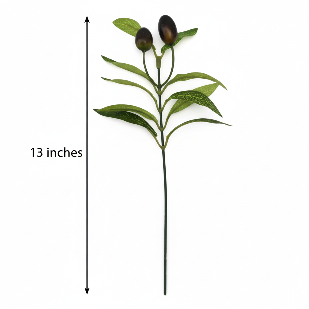 Artificial olive branch stem with dark oval berries measurement diagram showing 13 inch height