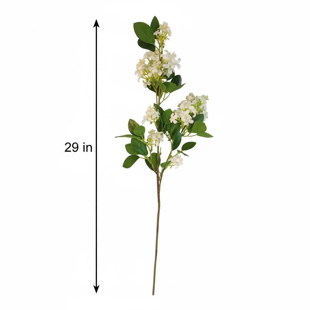Artificial white blossom stem standing upright showing full 29 inch height measurement on white background