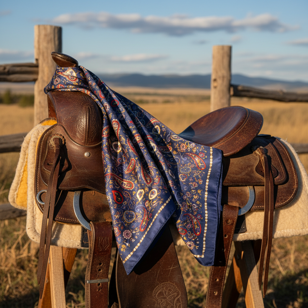 Navy blue paisley satin wild rag scarf draped over a western saddle in a ranch setting