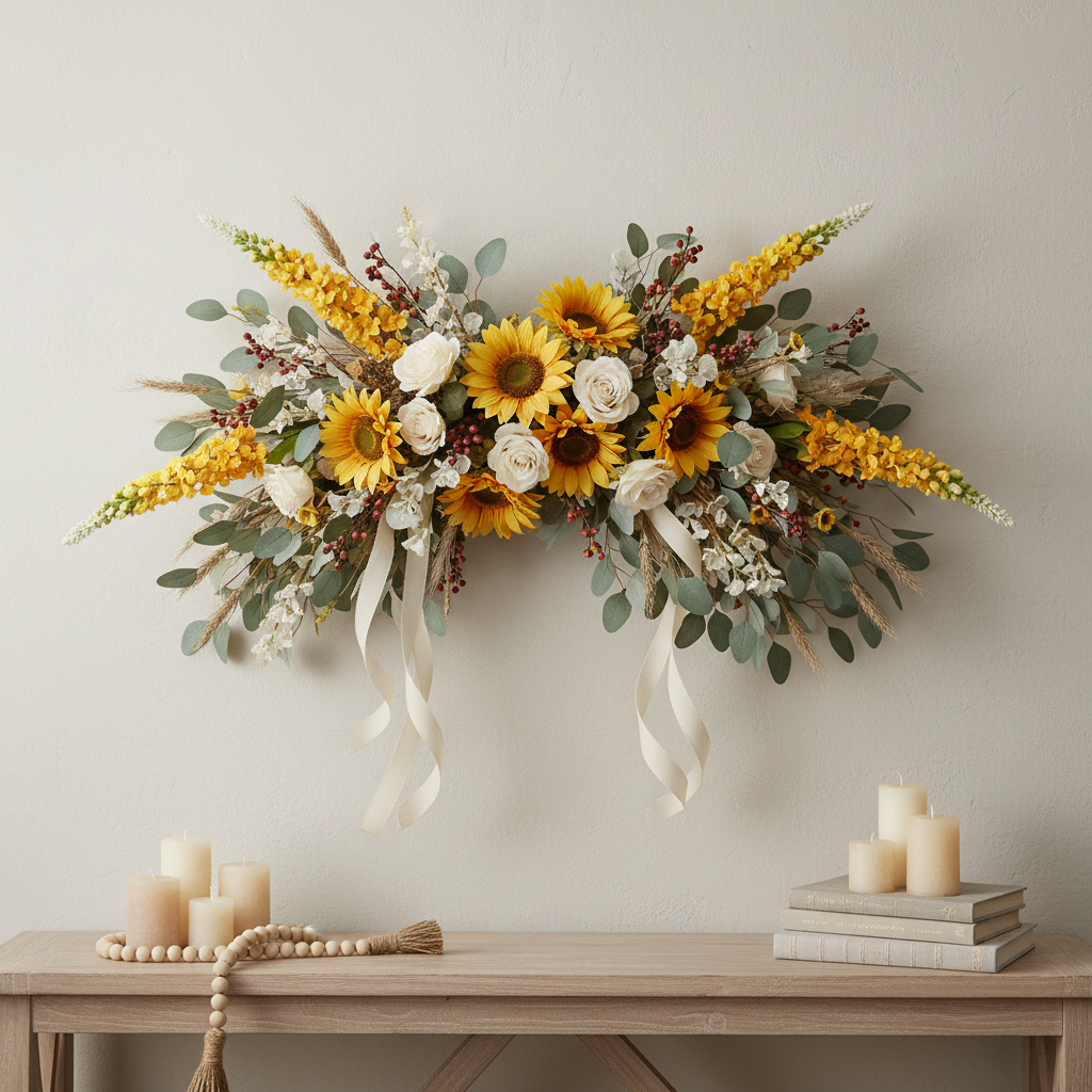 Golden yellow snapdragon larkspur spike stems in a boho fall wall swag with sunflowers, ivory roses, eucalyptus and dried botanicals on a neutral wall