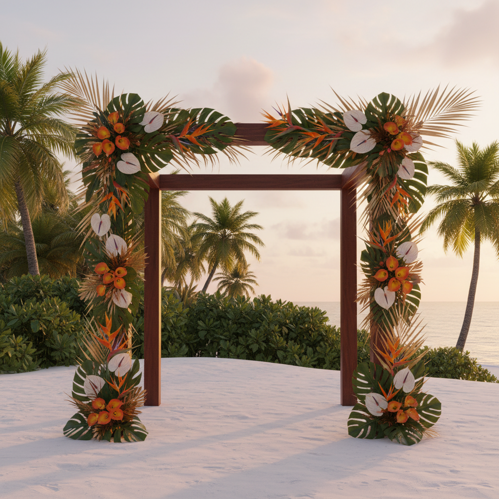 Luxury tropical wedding arch decorated with orange calla lilies bird of paradise white anthurium and monstera leaves evenly distributed for an elegant resort-style outdoor wedding